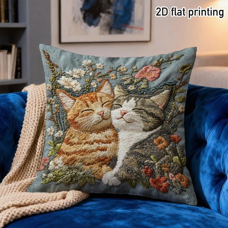 Cute Two Cats Pillow Cover Faux Embroidery Print Cushion Case Boho Floral Cat Lover Gift Home Decor