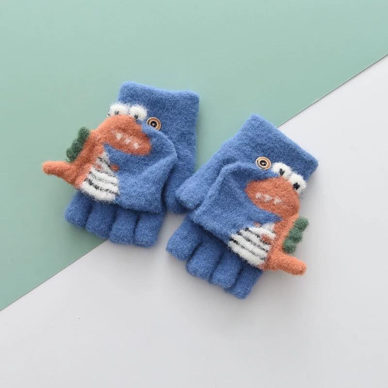 Winter Kids' Dinosaur Half-Finger Warm Gloves - Thick, Anti-Pilling, Cold Protection