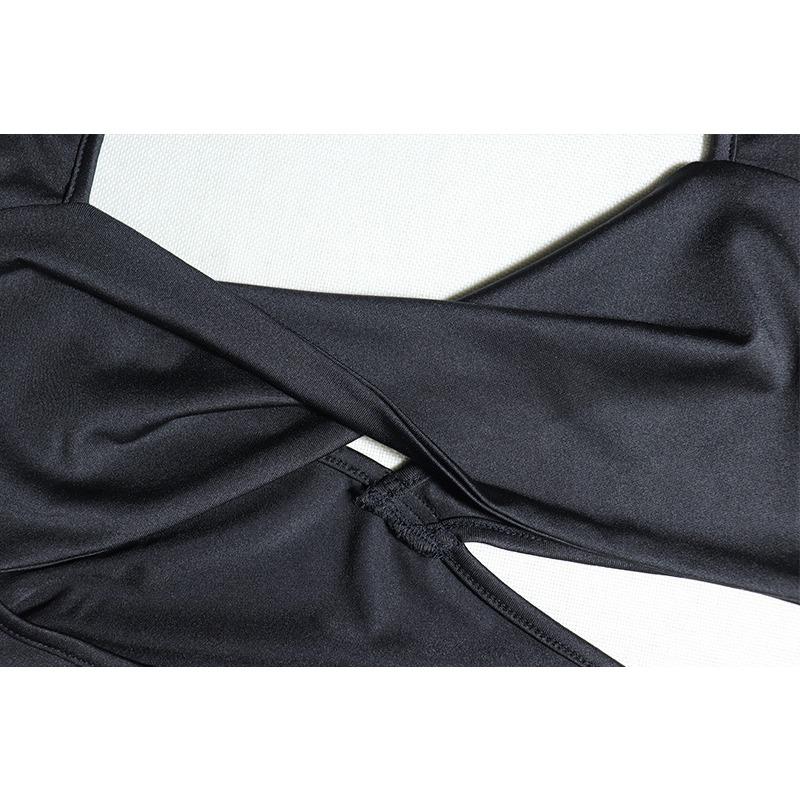 Women's Sexy Square Neck Pleated Dress Solid Color Chest Wrap Long Sleeve Halter Hollow Waist Pack Hip Dress