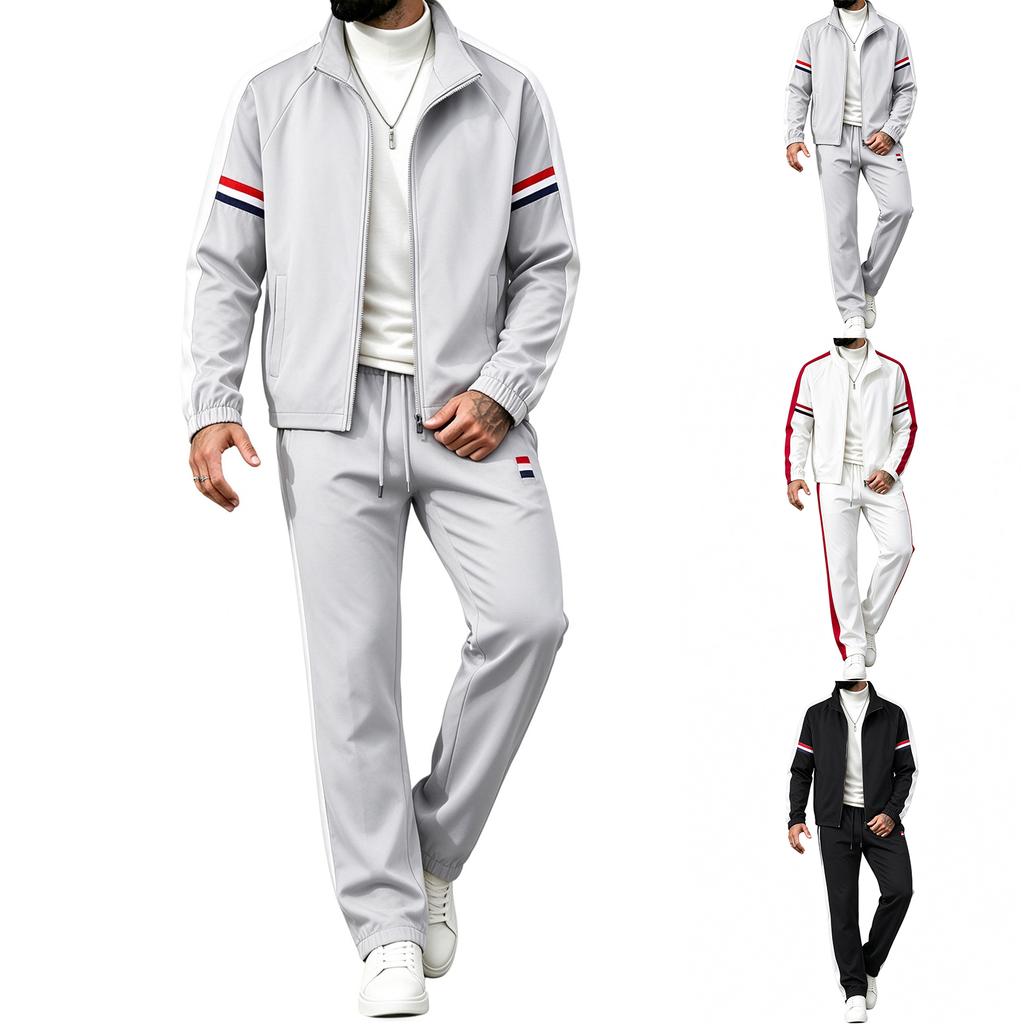 Men's Color Block Striped Tracksuit Set for Fall Winter Running, Jogging and Casual Wear