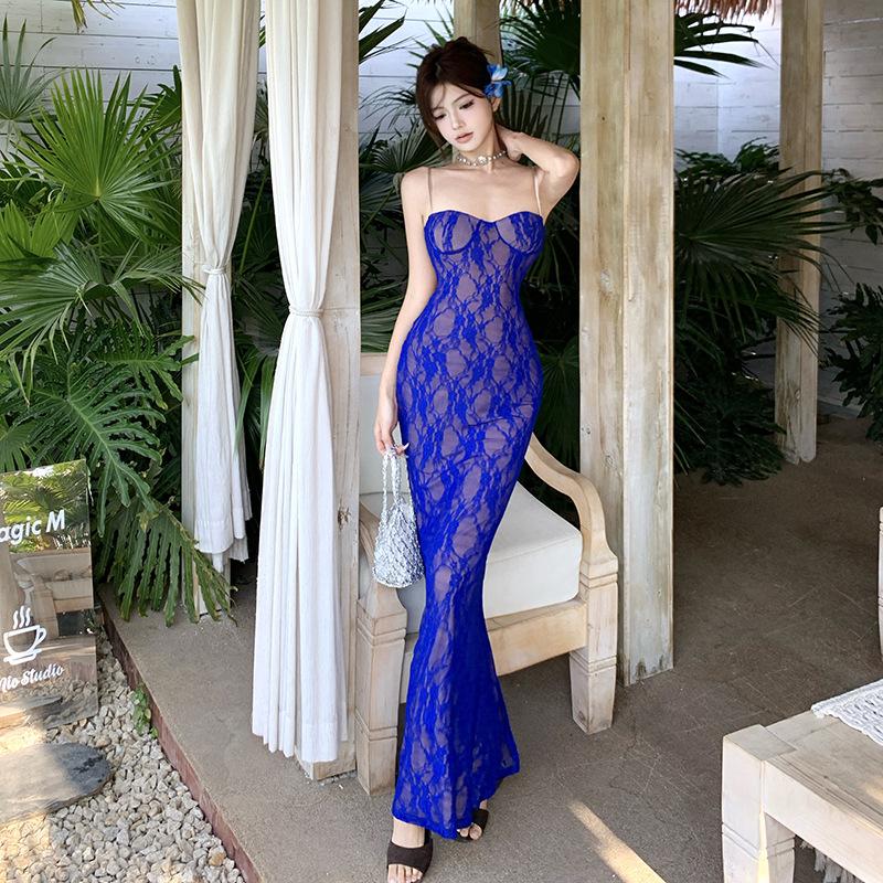 Royal Blue Vacation Dress Female Slim Suspender Halter Fishtail Hip Wrap Birthday Dress Long Dress