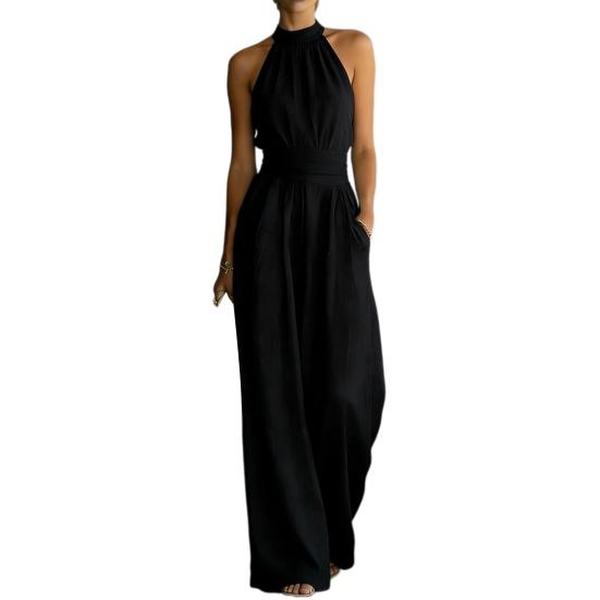 Women's Halter Neck Jumpsuit, Sleeveless Casual Wide Leg Rompers, Summer High Waist One Piece Outfits with Pockets