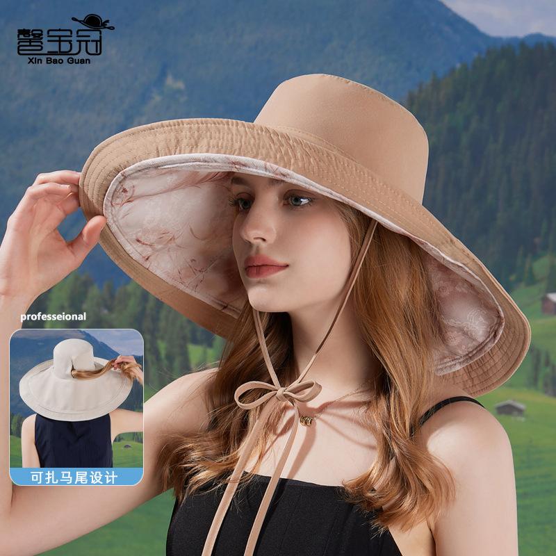 Big Brim Sun Hat Children Spring and Summer Outdoor Sunscreen Sun Hat Double-sided Can Wear Ponytail Bucket Hat