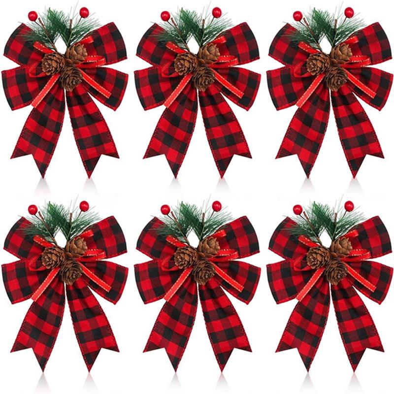 

CYCLI-12PCS Christmas Bow With Pine Cones Pine Needles Xmas Checkered Ribbon Bow Christmas Tree Decoration Bows S