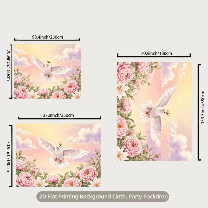 2D Crown White Dove Backdrop, Pink Peony & Sky Background Cloth for Wedding & Party