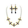 Vintage Gold Lapis Lazuli Inlaid With Four Leaf Clover Temperament Niche Pearl Necklace Earring Set