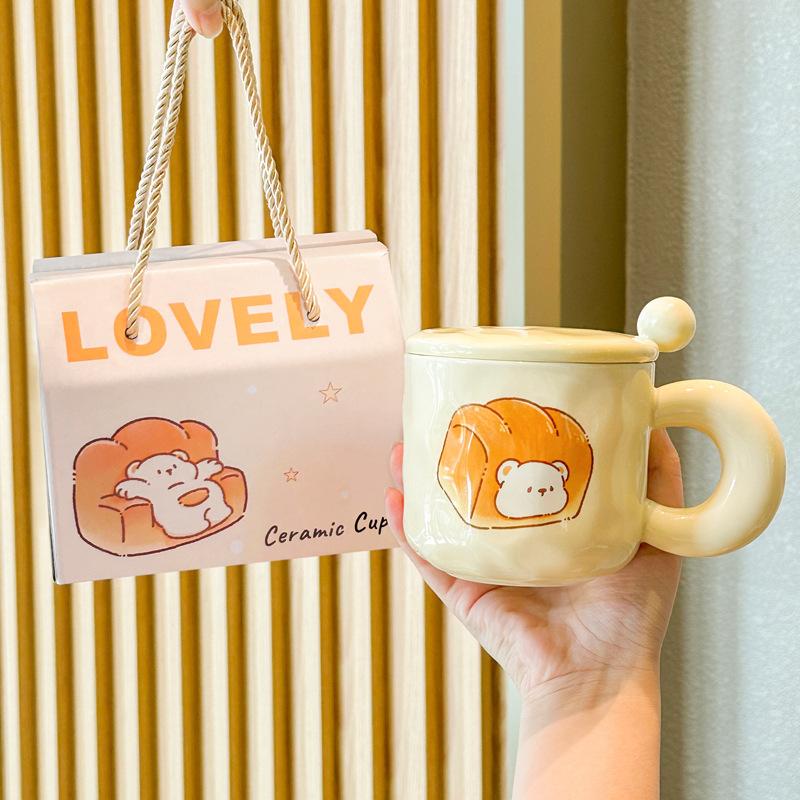 Cute Milk Fufu Cute Mug with Lid Spoon Girls Household Ceramic Coffee Cup Student Breakfast Milk Cup