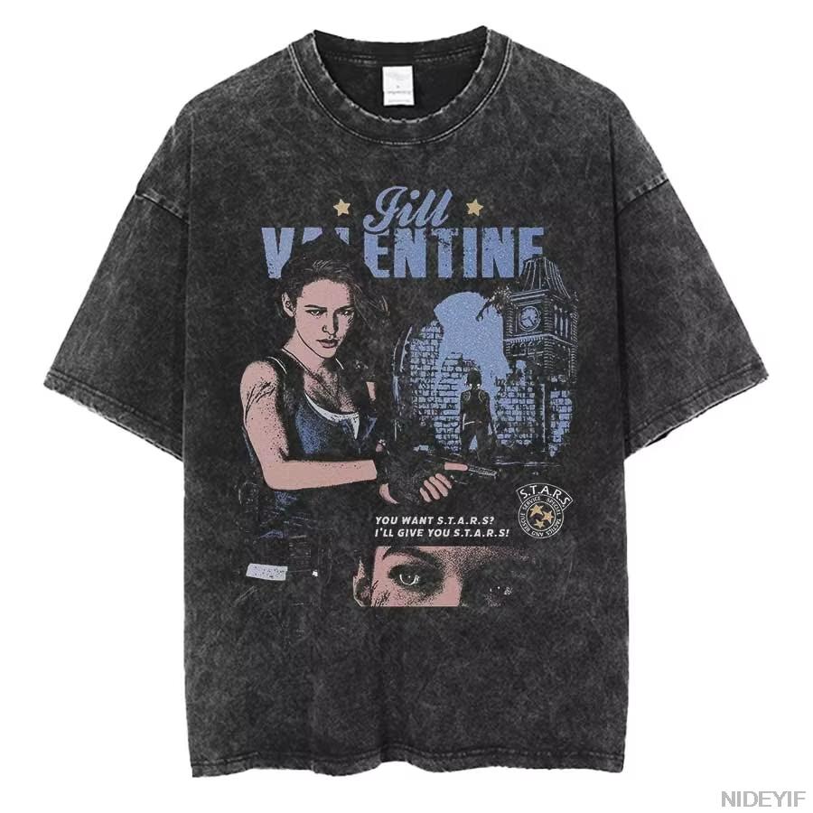 Jill Valentine and Carlos Oliveira Resident Evil Oversized T Shirt Men Women Vintage Washed T-shirt Hip Hop Streetwear Oversized Tshirt L