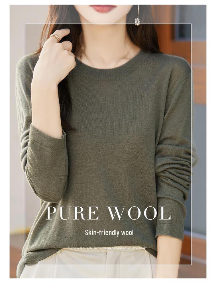 Women's Minimalist Wool Pullover - Thin, Round Neck, Long Sleeve, Loose Fit