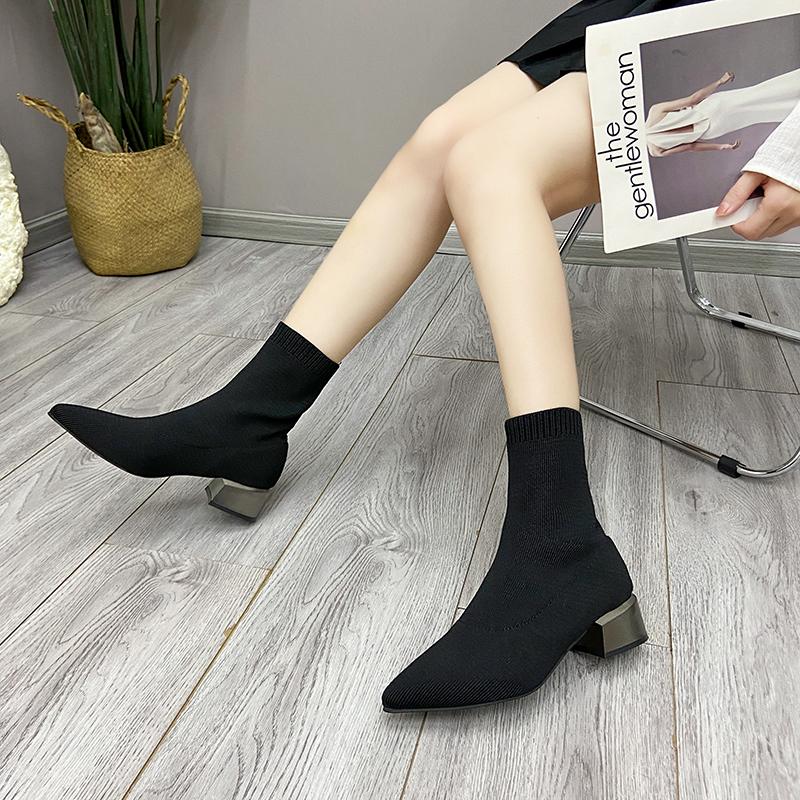 Neuer Stil Beliebte Damen Strick Stiefeletten Spitz Zehenbereich Dehnbar Klobige Mittelhohe Absätze Mode Socken Kurze Stiefel Zapatos Mujer