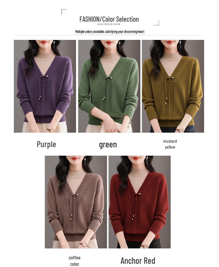 2025 Chinese Style Knit Base Layer Sweater for Middle-Aged & Elderly Women: Thick, Warm, Autumn/Winter New Arrivals