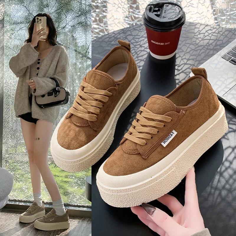 2025 Spring New Sports Women's Shoes Fashion Low Top Thick Bottom Casual Board Shoes Suede Round Head Strap Flat Shoes