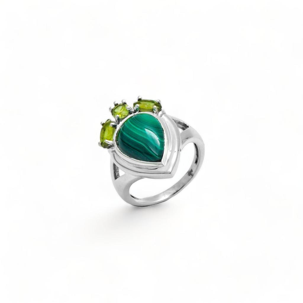 Malachite and Peridot Ring in 925 Sterling Silver – Handmade Women’s Gemstone Jewelry, Anniversary gift for Her, Christmas Gift