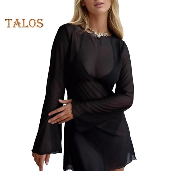 

Женский сексуальный прозрачный сетчатый купальник, накидка с круглым вырезом и длинными рукавами-колокольчиками, пляжное облегающее мини-платье, летнее бикини-накидка XXL чёрный