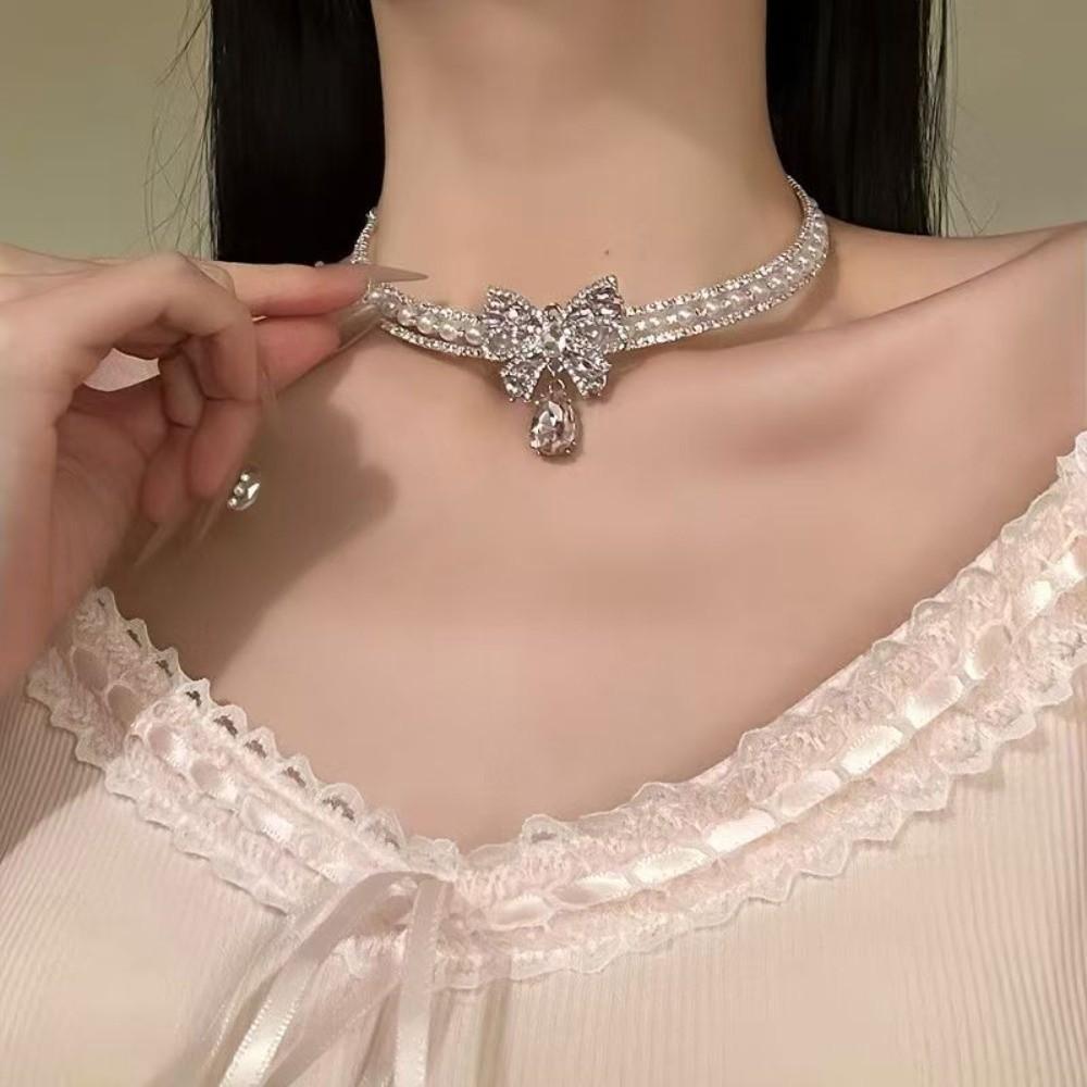 Zinc Zinc Alloy Pearls Rhinestone Choker Silver Shiny Neck Jewelry Personalized Bow Beads Necklace  Women