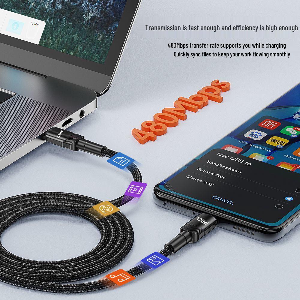 120W Dual Type-C Fast Charging Cable for Apple 15/16, Huawei Laptops, Car Chargers, 6A.