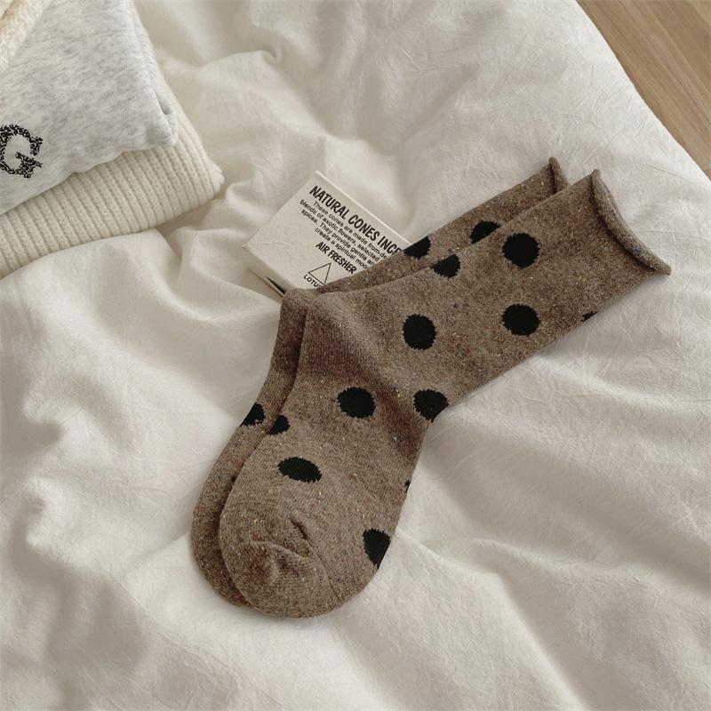 Chaussettes épaisses à pois en laine d'automne et d'hiver, chaussettes chaudes rétro à gros pois, chaussettes mi-mollet pour femmes