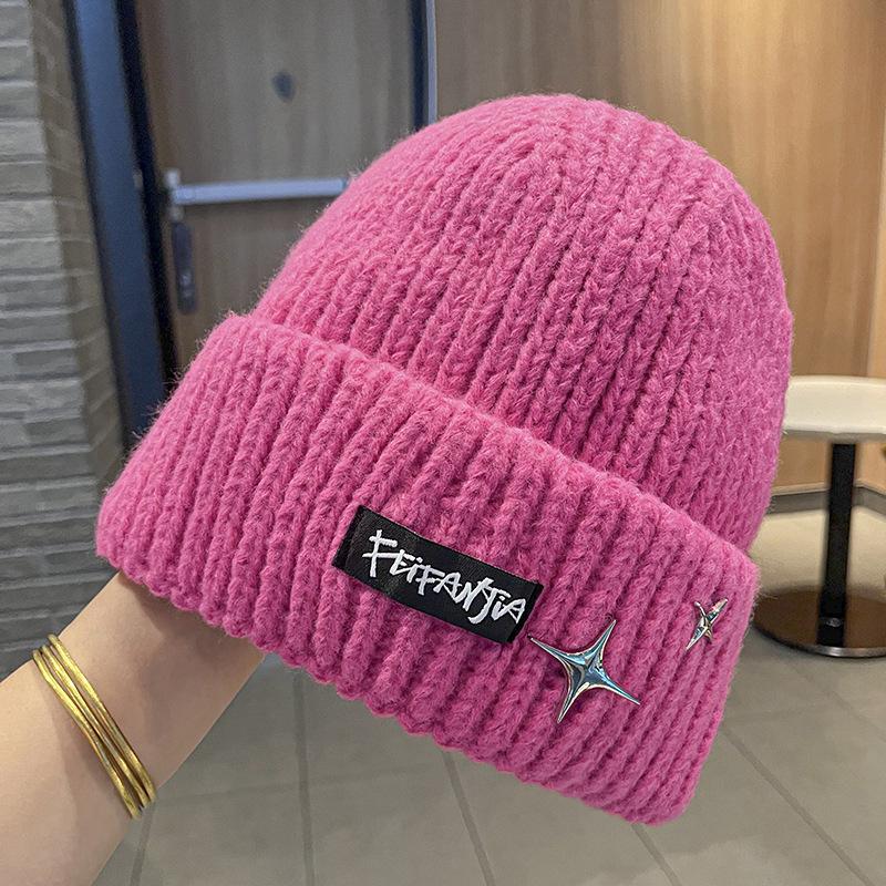 Letter knitted hat women's autumn and winter versatile big head circumference warm ear protection wool hat showing face small hat thickened