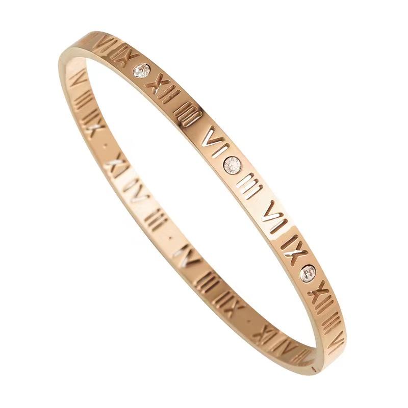 Luxury Women's Stainless Steel 18K Gold Plated Bracelet Waterproof Design with Roman Numeral Inlaid Zirconia for Gift