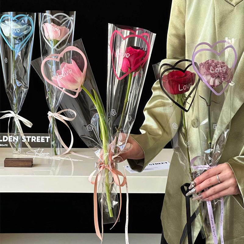 50Pcs Love Transparent Rose Packaging Bags Flower Bouquet Plastic Bag Bouquet Wrapping Paper One Straight Bag Flower Packaging