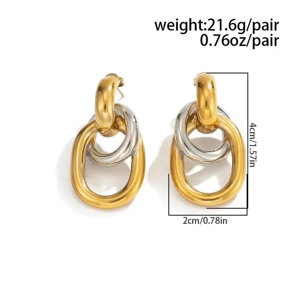 New Vintage Stainless Steel Double Circle Stud Earrings for Women Simple Irregular Elliptical Earrings Waterproof Jewelry