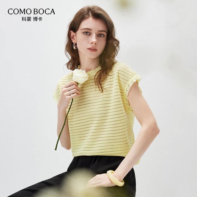 Kemeng Boka Women s Mulberry Silk Striped Knit T-shirt with Lace Trim L