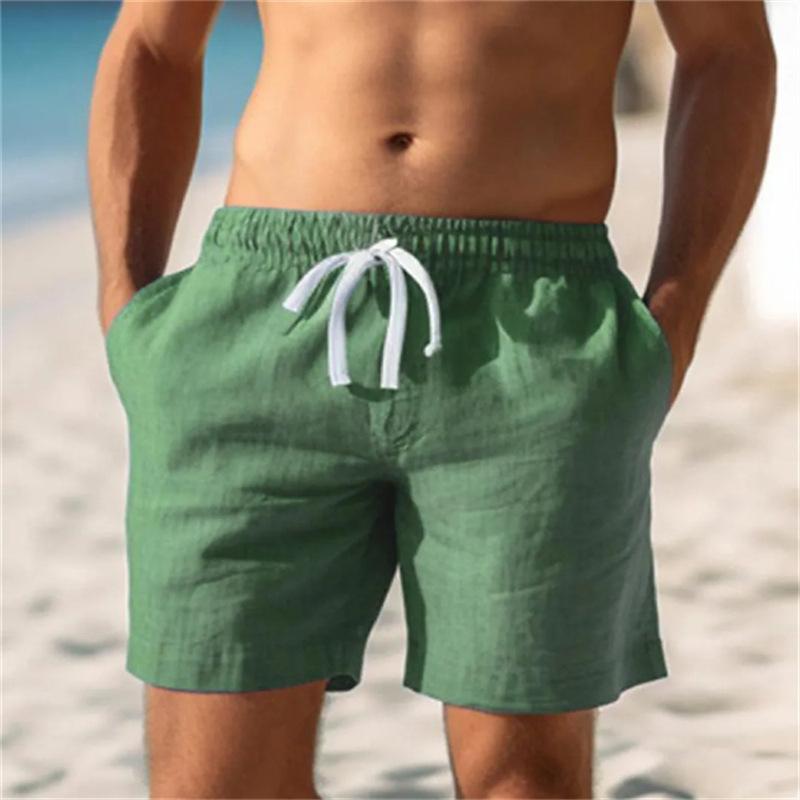 Men Solid Linen Blend Beach Short Elastic Waist Drawstring Casual Shorts