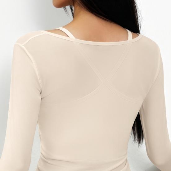 Long Sleeve Yoga Two-Piece Set for Women Mesh Gym Athletic Tops Workout Shirts with Support Sports Bra