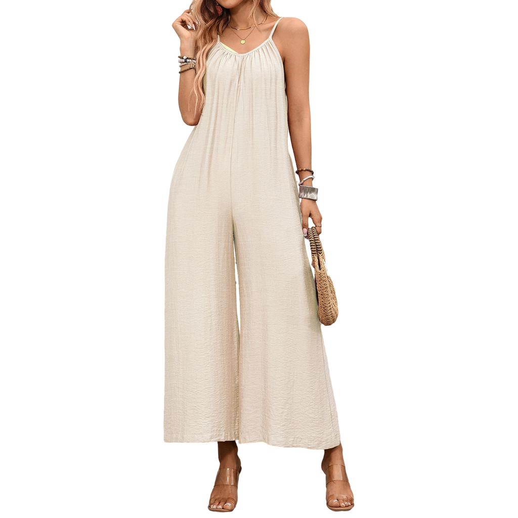 Damen Jumpsuit Lockerer Schnitt Verstellbare Spaghettiträger Weiter Bein Leichte Fließende Overalls für Freizeit