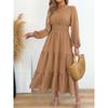 Women Elegant Solid Color Pom Pom Long Sleeve High Waist Ruffled A Line Long Dress