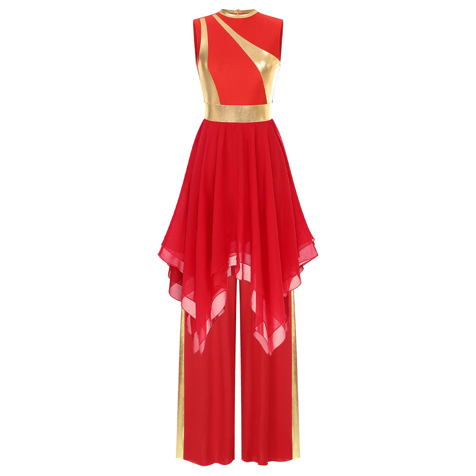 

Womens Contemporary Dance Set Irregular Hem Color Block Dress Metallic Patchwork Wide Leg Pants Dancewear S червоний