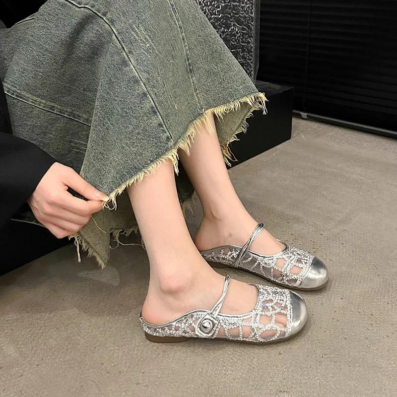 Women's Shoes 2024 Outdoor Closed Toe Women's Slippers Breathable Casual Slippers Women Bling Mesh Solft Sole Flat Shoes Ladies