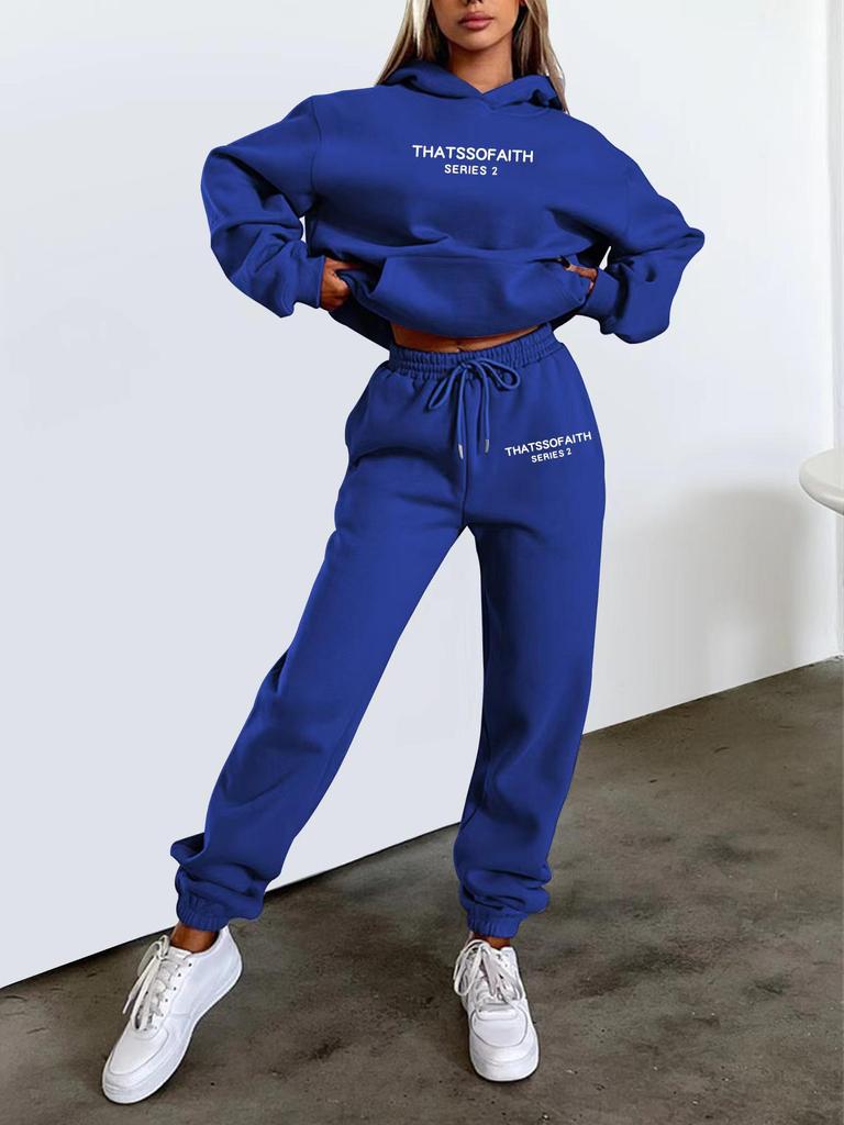European-American Women's Fashion Letter Print Hoodie & Fleece Jogger Set