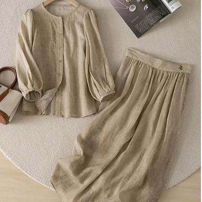 Women's Spring and Summer Temperament Elegant Set Round Neck Long Sleeve Top + Long Half-body Skirt Two Piece Set