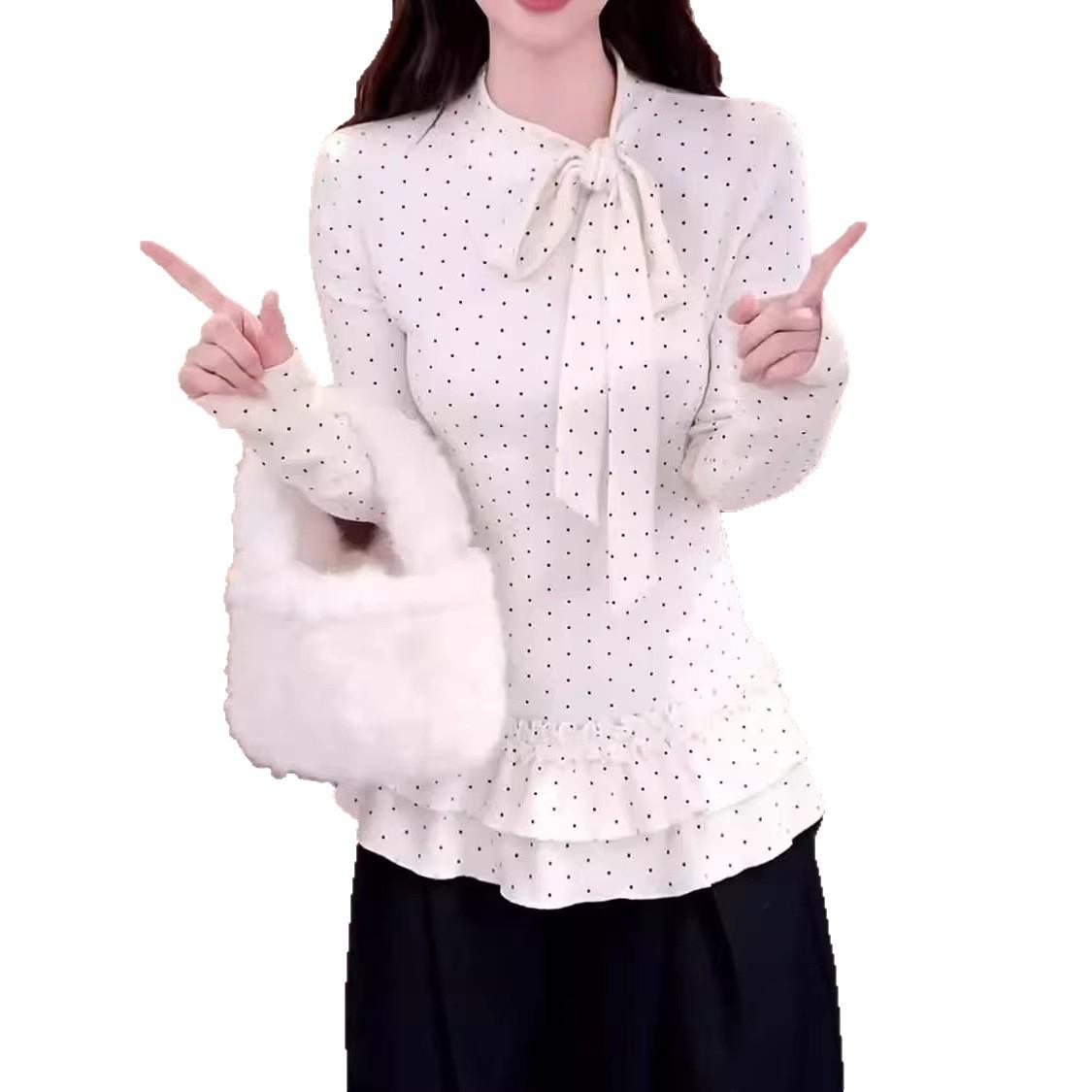 Women s French Polka Dot Bow Tie Long Sleeve T-shirt - Lace Slim Fit Base Layer for Autumn/Winter S белый