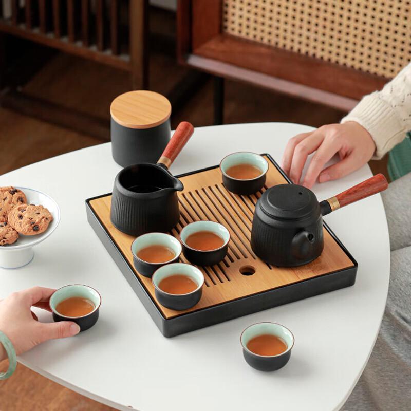 Japanese Style Ceramic Tea Set with Bamboo Tea Tray