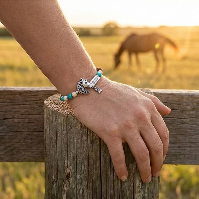 Adjustable Rope Bracelet With Turquoise Beads And Horse Pendant Handchain Jewelry For Casual Or Festival Wear