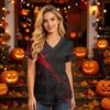 Women's V Neck Short Sleeve Work Top with Pockets Halloween Print Medical Uniform for Caregivers and Healthcare Professionals