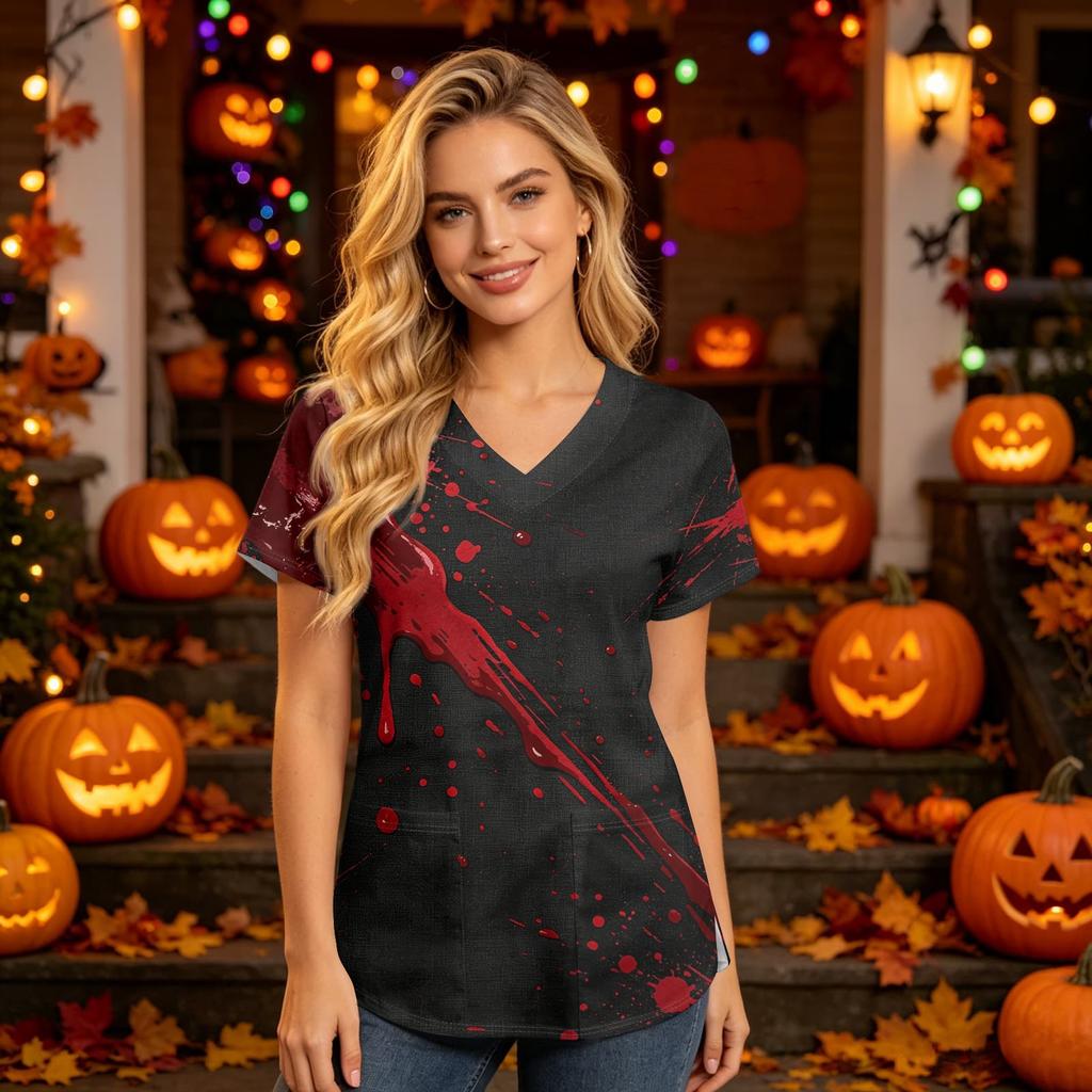 Women's V Neck Short Sleeve Work Top with Pockets Halloween Print Medical Uniform for Caregivers and Healthcare Professionals