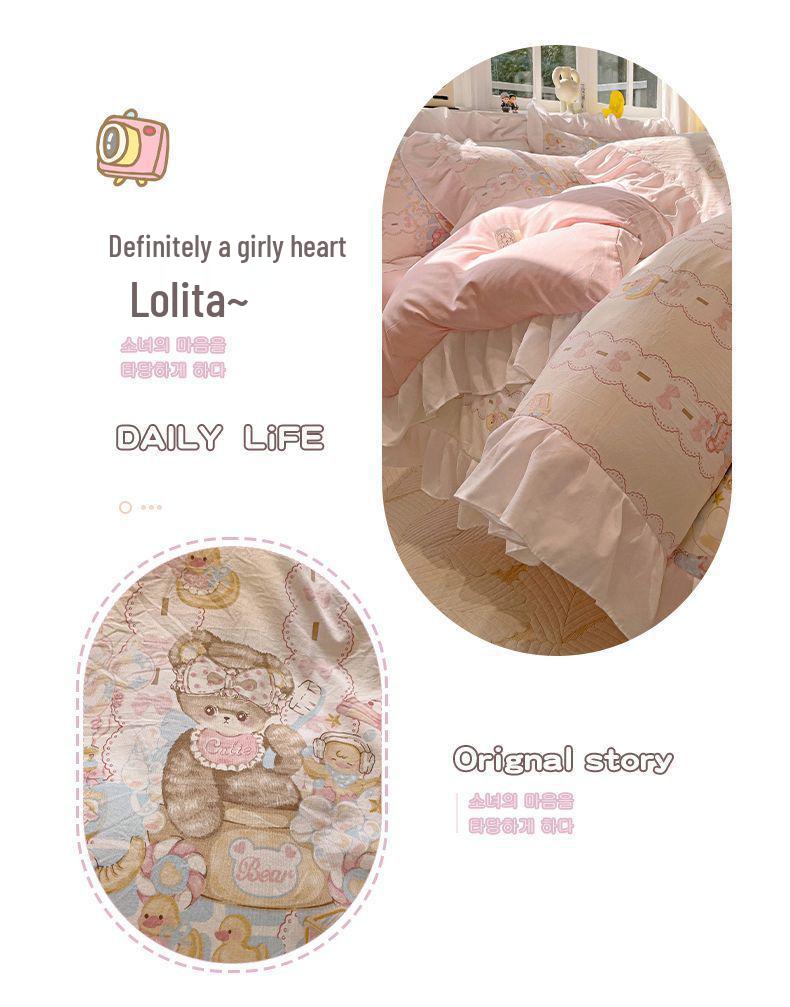 G5Z Princess Mingsha Lolita Lace Washed Cotton Bedding Set - Duvet Cover, Bed Sheet, Cute Girl Dormitory Style (4-Piece)