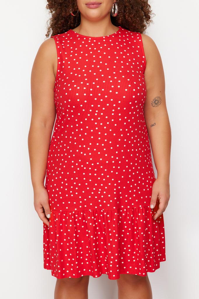 Women's Style Plus Size Red Polka Dot Printed Zero Sleeve Flounced Shift Plain Mini Flexible Knitted Dress