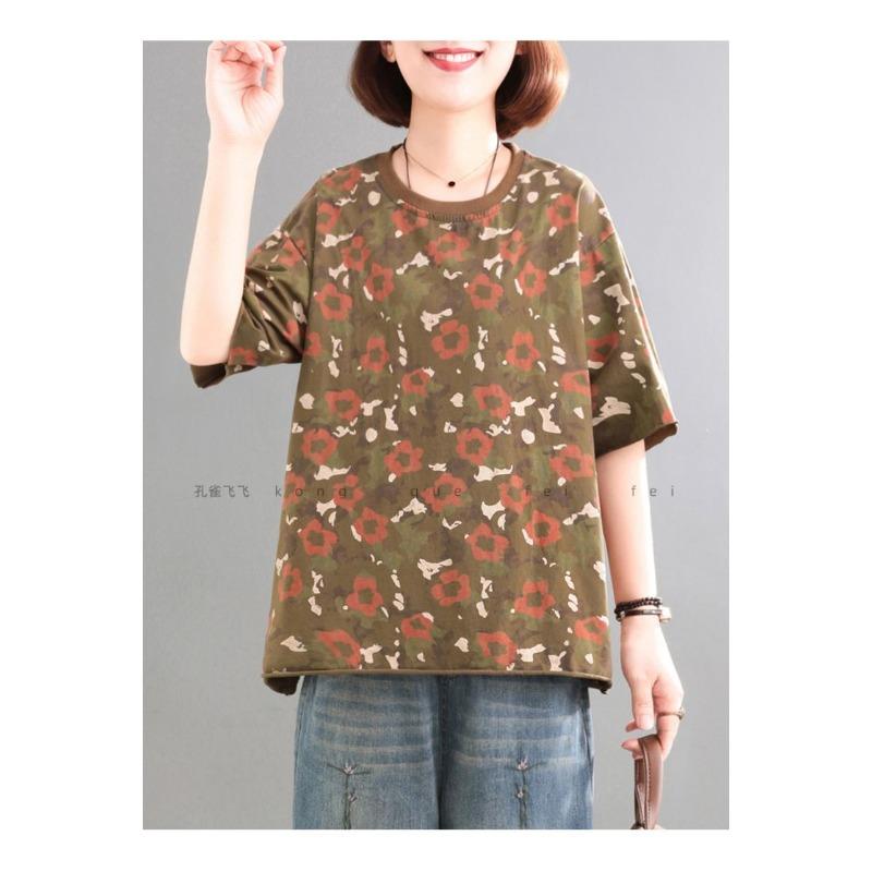 Women's 2025 New Korean Printed Pullover Retro Temperament Casual Short Sleeve T-Shirt Elegant and Versatile Top
