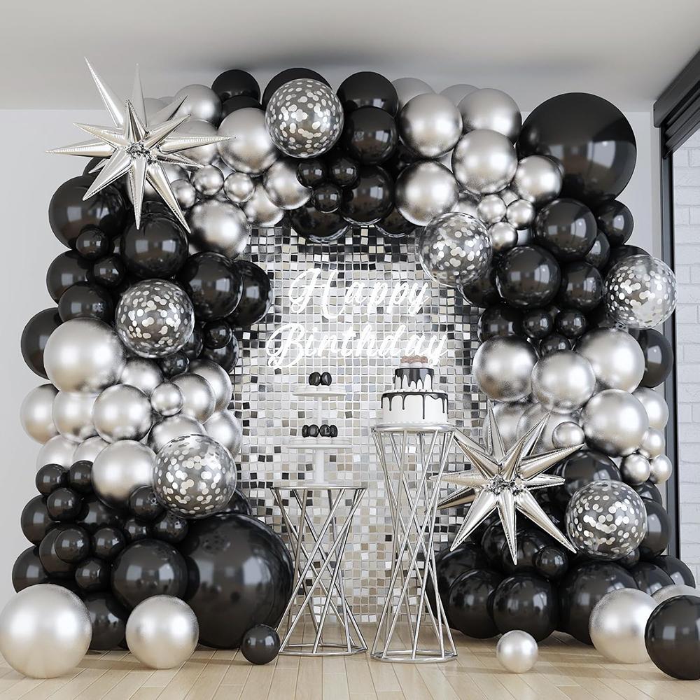 Black Silver Balloons Garland Silver Confetti Balloon Arch Kit Silver Explosion Star Foil Globos Graduation Birthday Party Decor