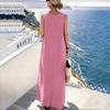 Women Summer Sleeveless Loose Fit Cotton Linen Midi Dress with Crew Neck and Practical Pockets for Casual Daily Wear
