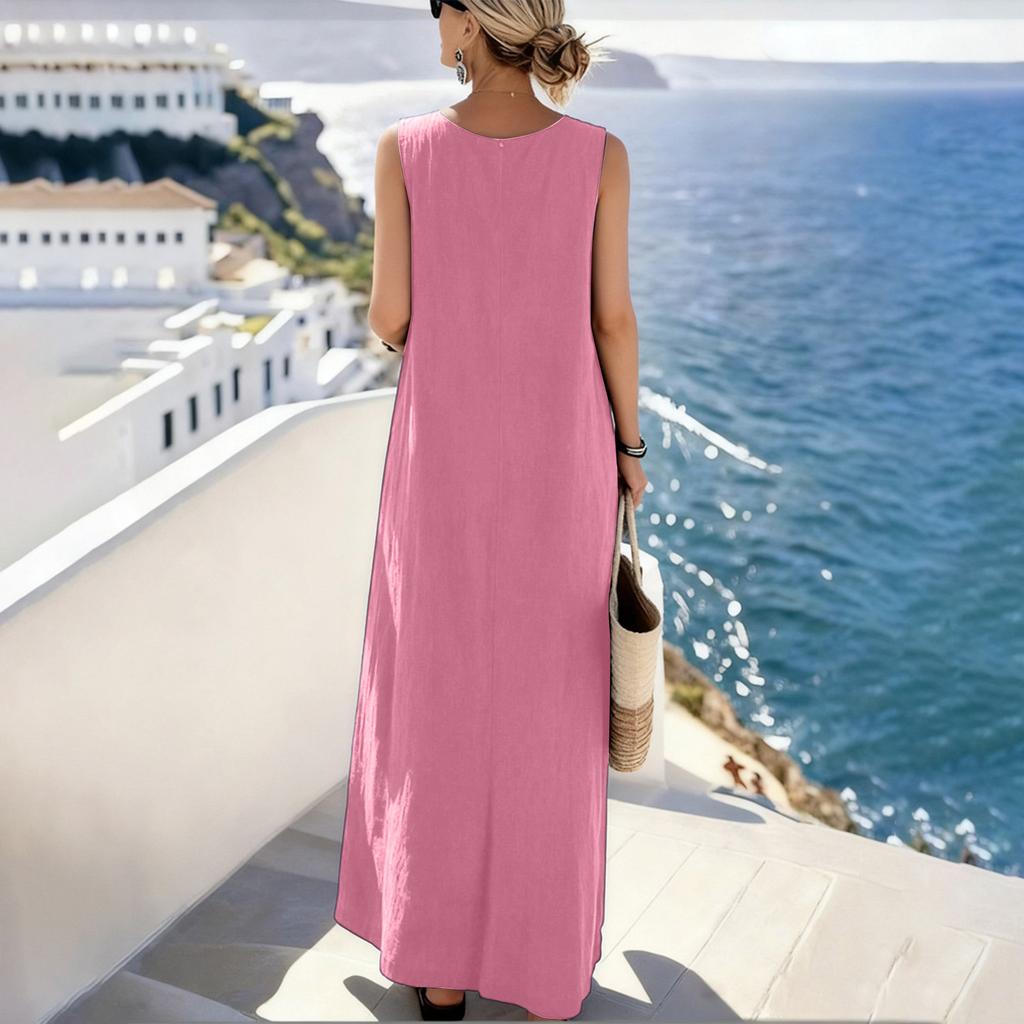 Women Summer Sleeveless Loose Fit Cotton Linen Midi Dress with Crew Neck and Practical Pockets for Casual Daily Wear