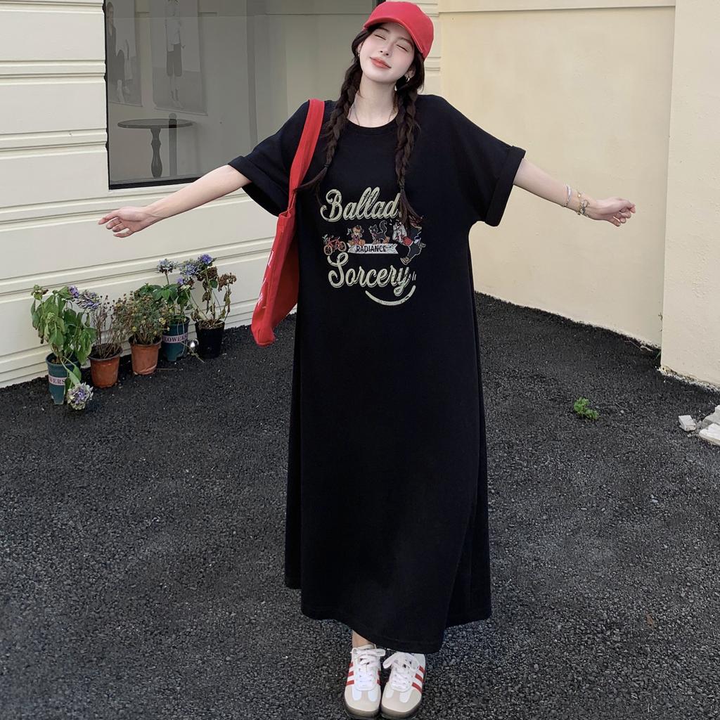 DIMANAF Women 2025 Plus Size Solid Dress Summer Vintage Dress Basic O-Neck Long Casual Loose Black Dress Maxi