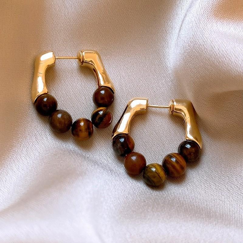 Autumn and Winter Retro Maillard Coffee Color Resin Tiger's Eye Earrings, Ear Buckles, Niche Earrings for Women