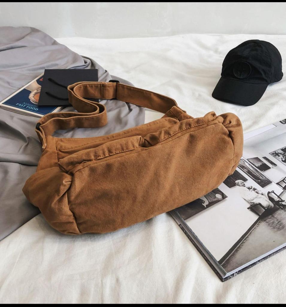 Khaki Newspaper Unisex Canvas Messenger Bag with American Casual Bag, Pockets, Style, [Used]