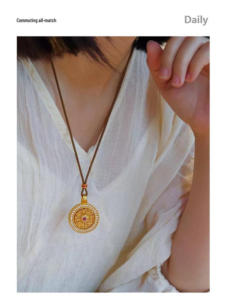 Gold-Plated Rotatable Diamond Rose Compass Pendant Necklace