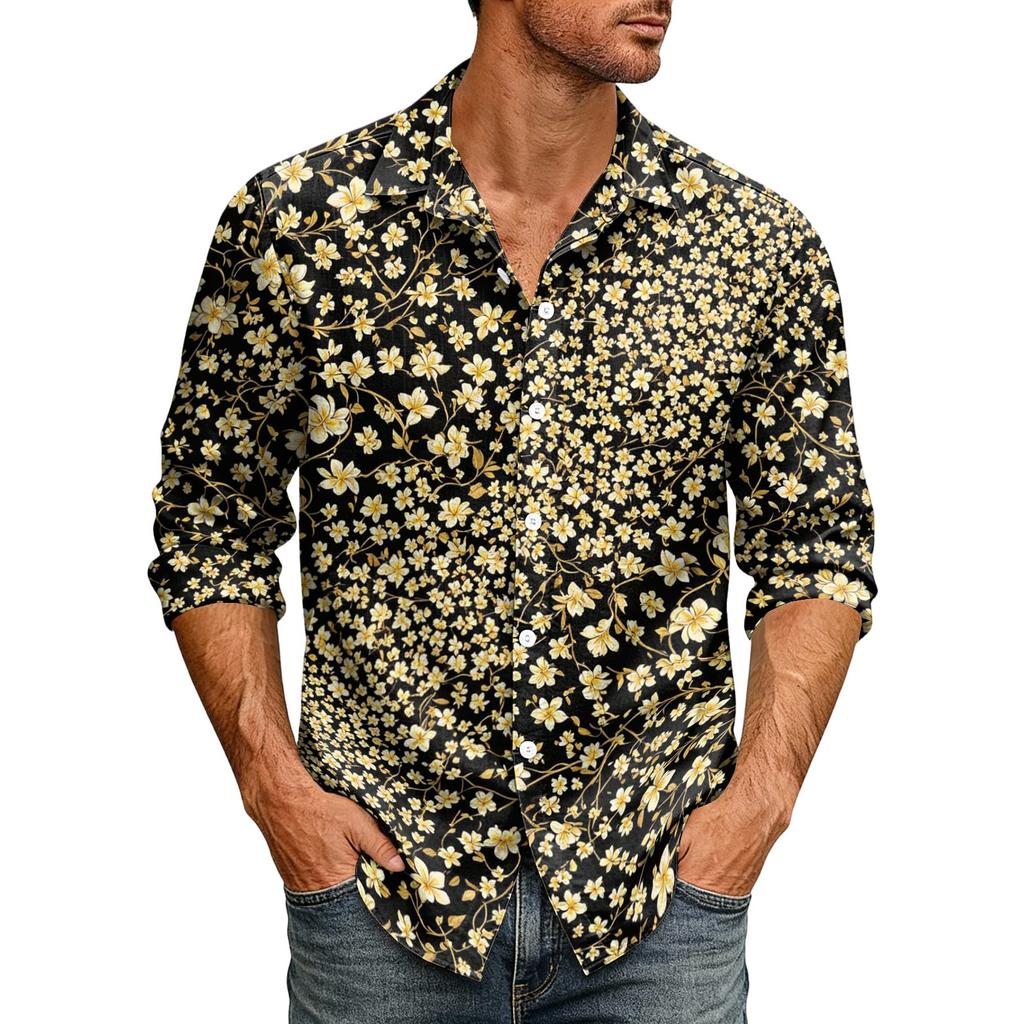 Men's Loose Fit Long Sleeve Shirt Hawaiian Style Retro Casual Button Down Collar Shirt Suitable for Spring and Autumn Wear